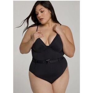 Good American Showoff One Piece Swimsuit Solid Black Belted Womens Size 6 or 3XL